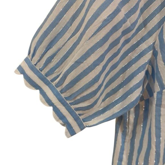 Talbots puff sleeve white and blue striped scalloped sleeve small metallic - Picture 2 of 5